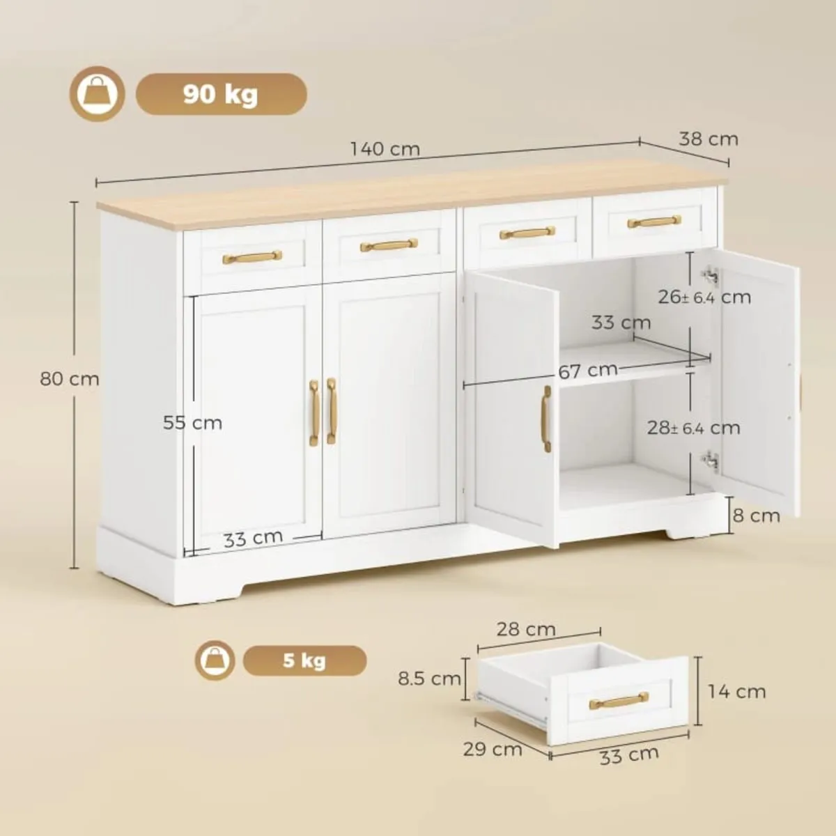 Sideboard Buffet Cabinet, 140 cm Kitchen Storage C - Image 4