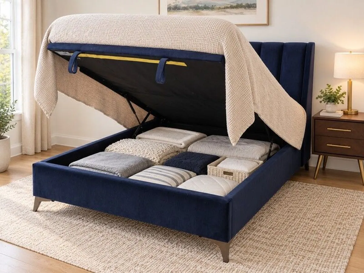 40% Off Retail | Navy Upholstered Ottoman Storage Bed Frame - Image 1