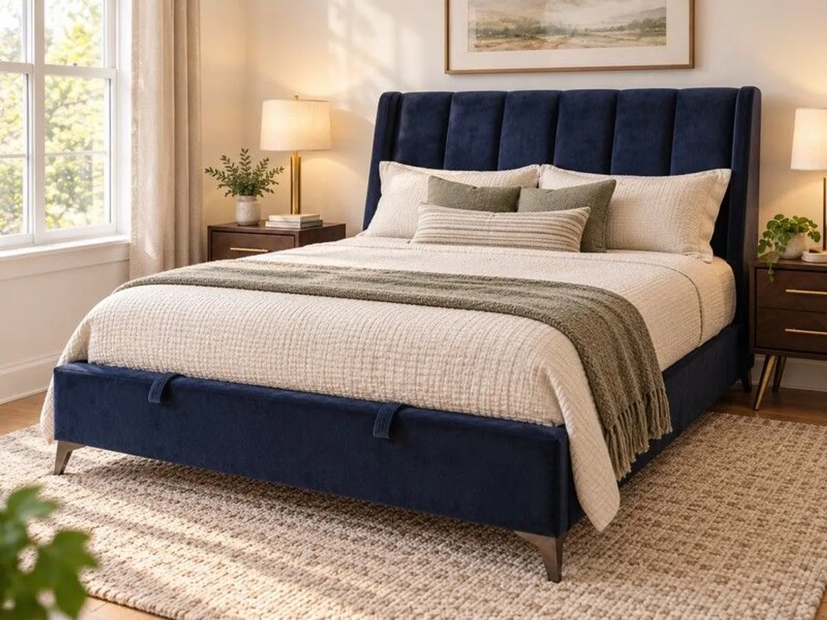 40% Off Retail | Navy Upholstered Ottoman Storage Bed Frame - Image 2