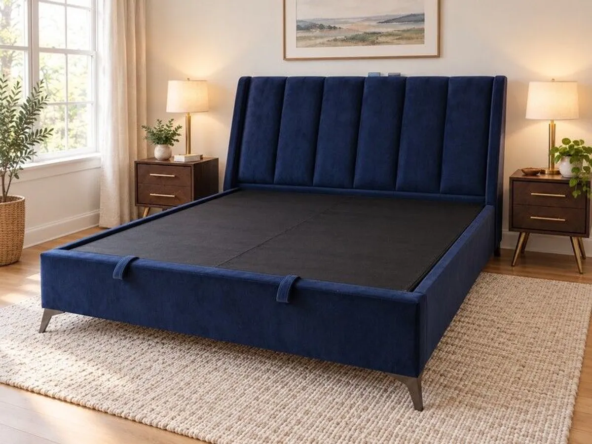 40% Off Retail | Navy Upholstered Ottoman Storage Bed Frame - Image 3