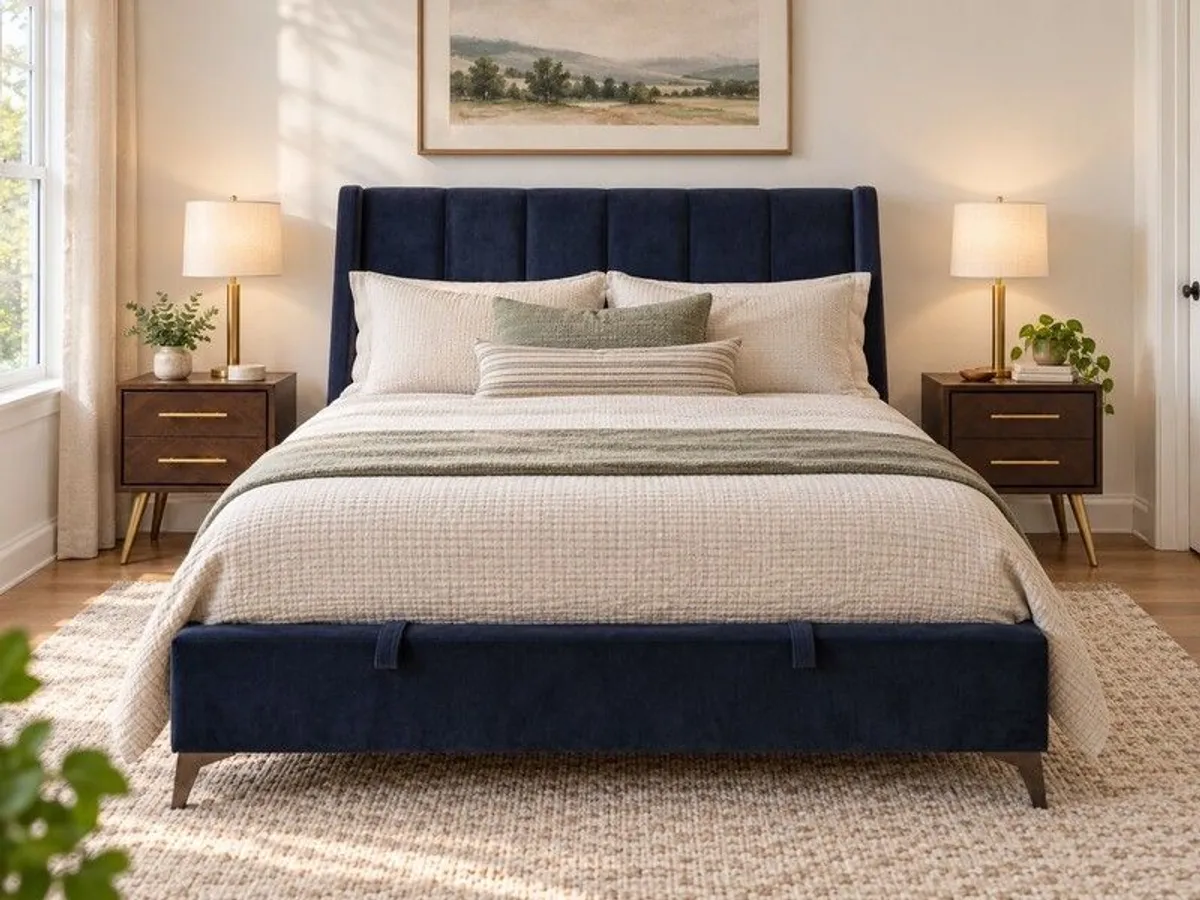 40% Off Retail | Navy Upholstered Ottoman Storage Bed Frame - Image 4