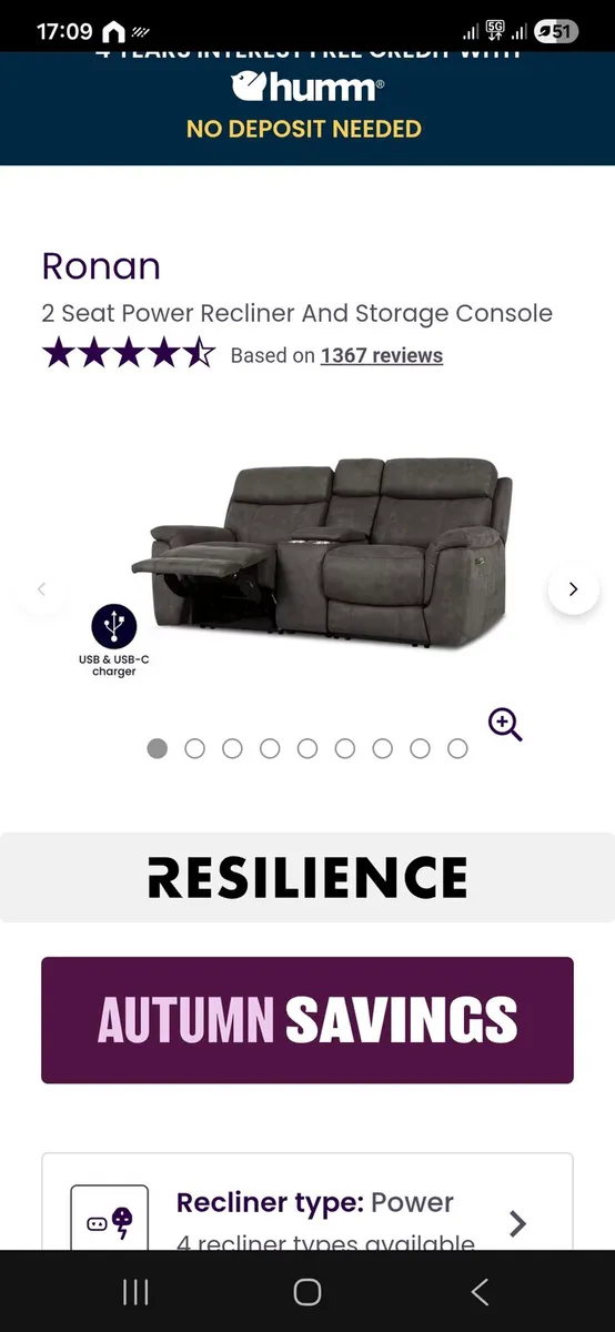 Ronan sofa - electric recliner & wireless charging - Image 2