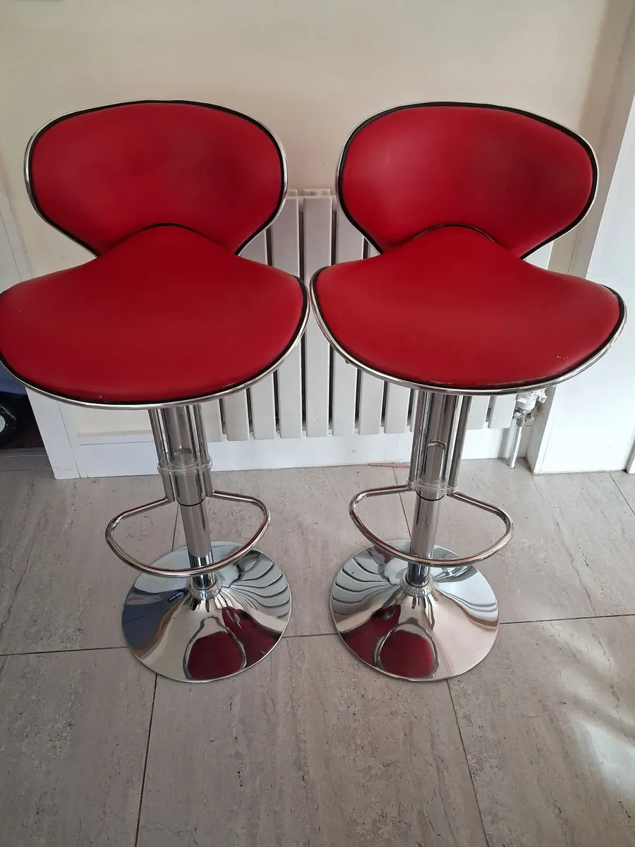 Pair of Red & Chrome Adjustable Bar Stools - Image 1