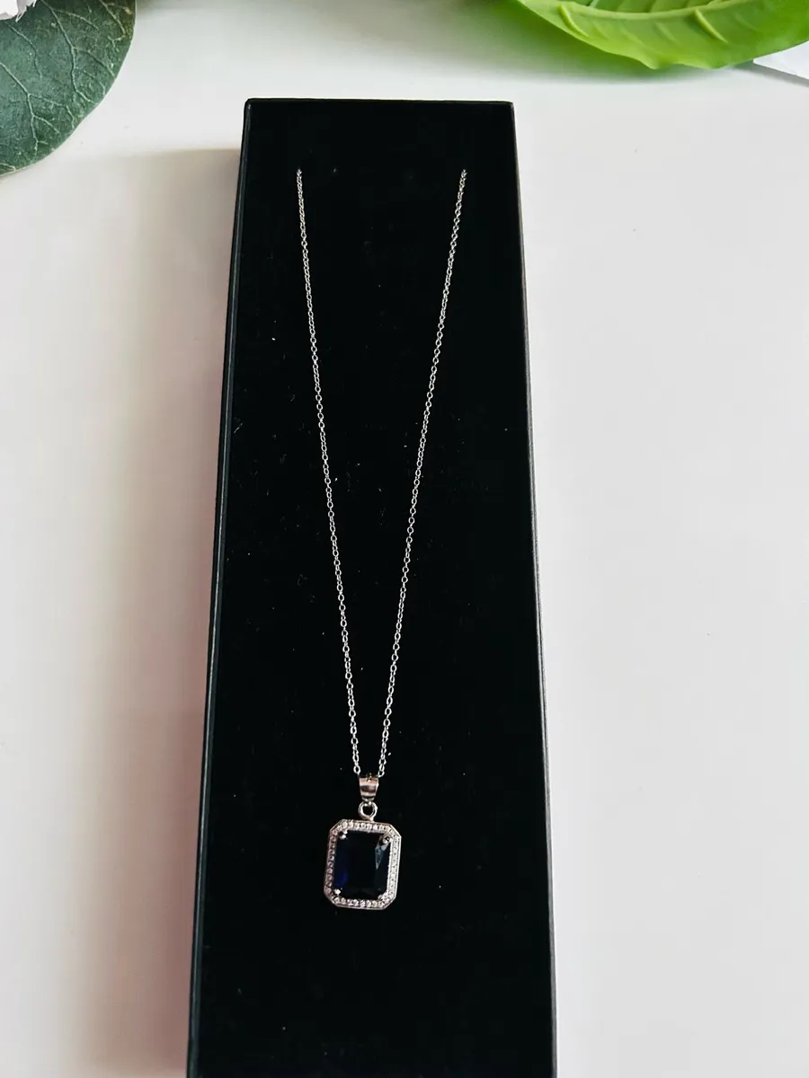 Sterling Silver Emerald Cut Sapphire Necklace - Image 3