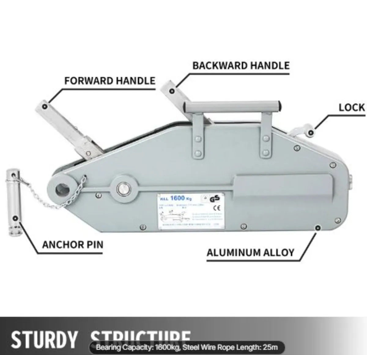 Wire Rope Puller 1.6T/1587.6kg Capacity Hand Winch - Image 2