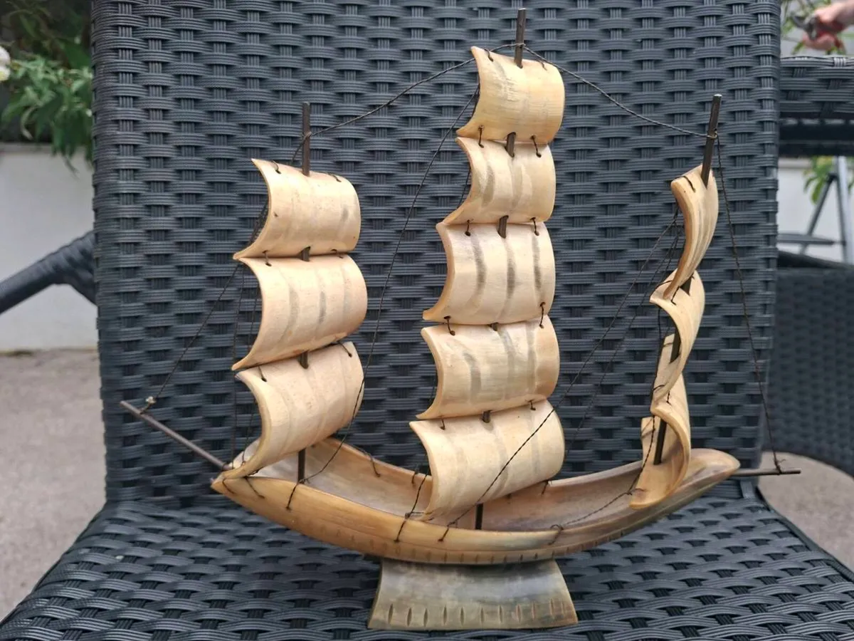 Vintage handmade carved Bull horn sailing Boat - Image 1