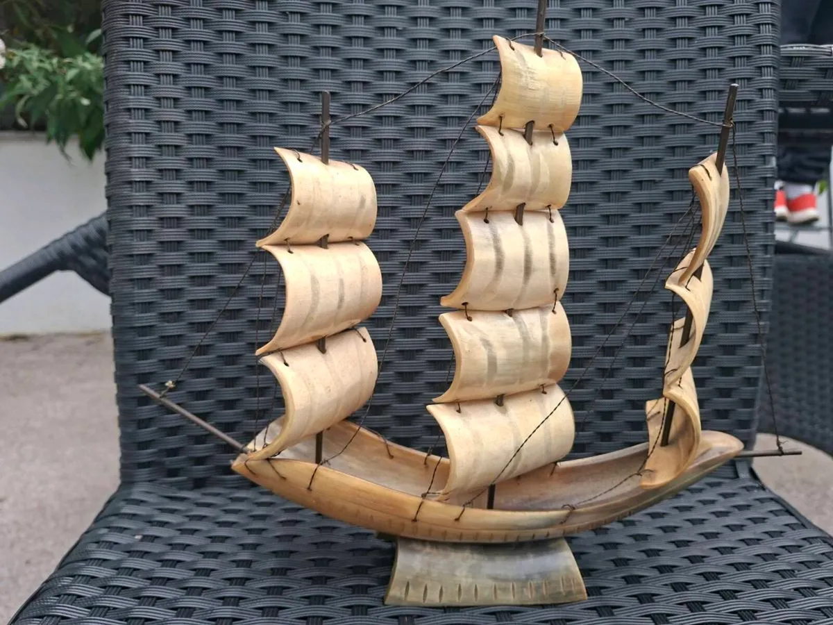 Vintage handmade carved Bull horn sailing Boat - Image 2