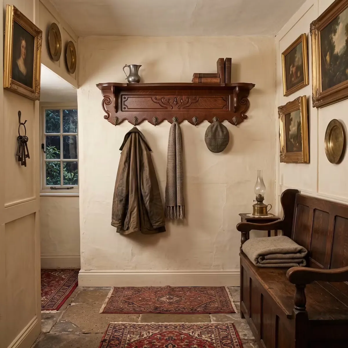 Nice old flemish coatrack with shelf - Image 1