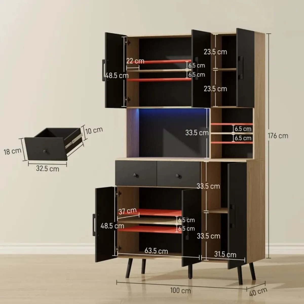 176 cm Kitchen Cupboard with LED Lights - Oak and - Image 2