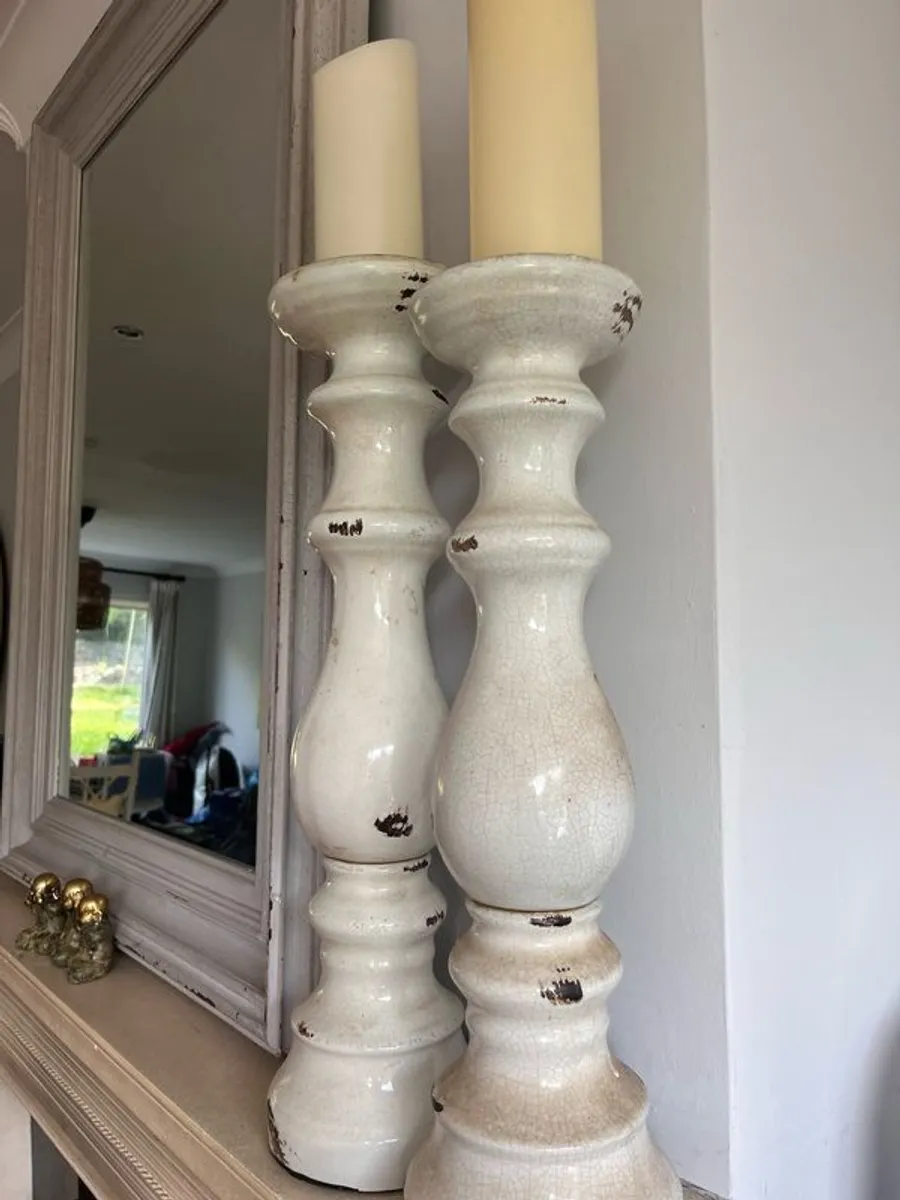 Pair of Shabby Chic Ceramic Candlestick Holders - Image 1