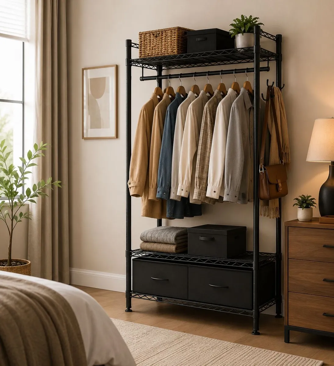 Industrial Open Wardrobe Rail with Drawers Black - Image 1