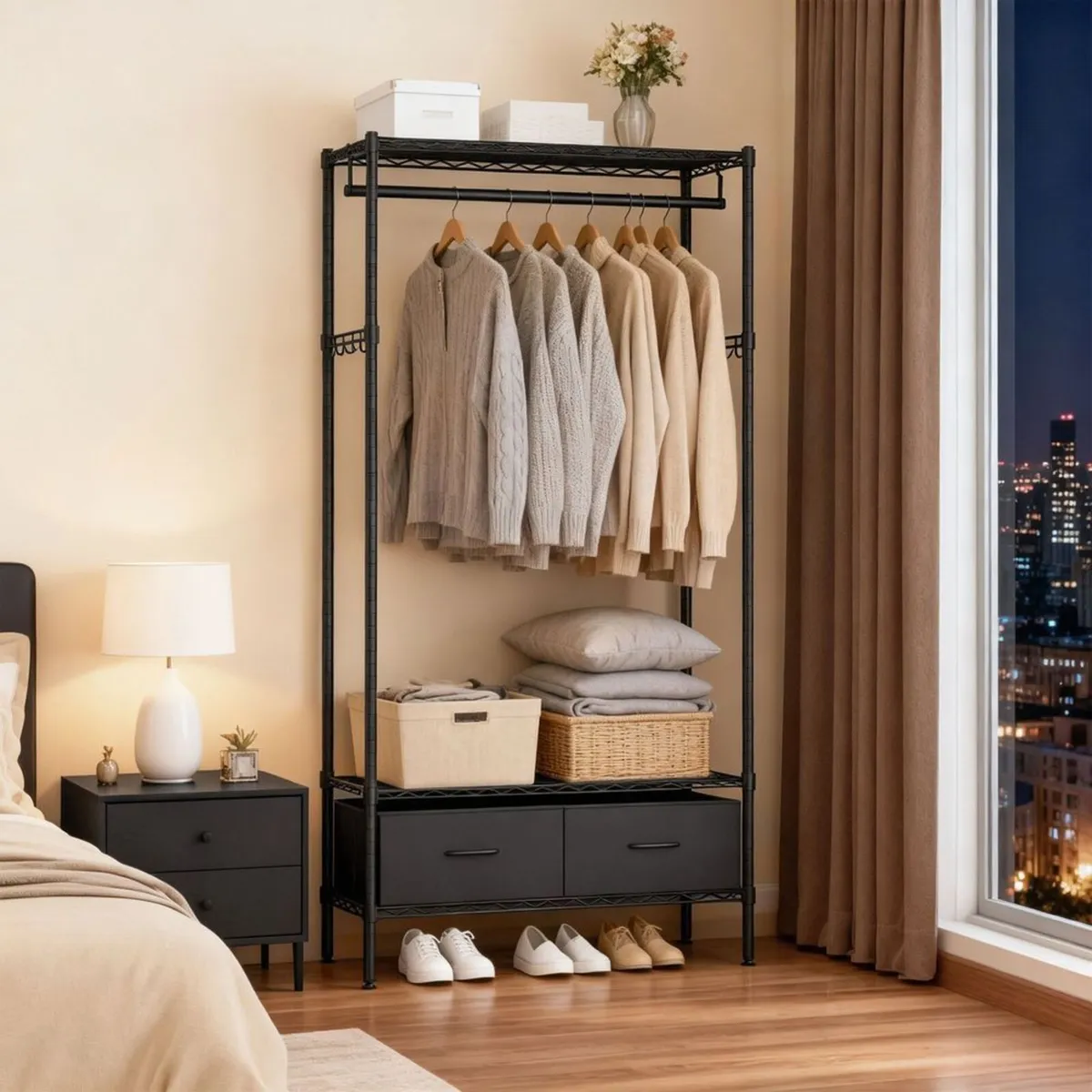 Industrial Open Wardrobe Rail with Drawers Black - Image 4