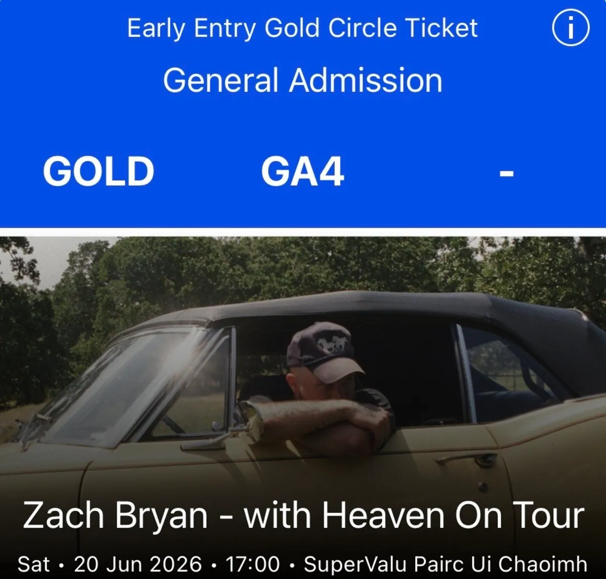 2x Zach Bryan Early Entry Gold Circle 20 June