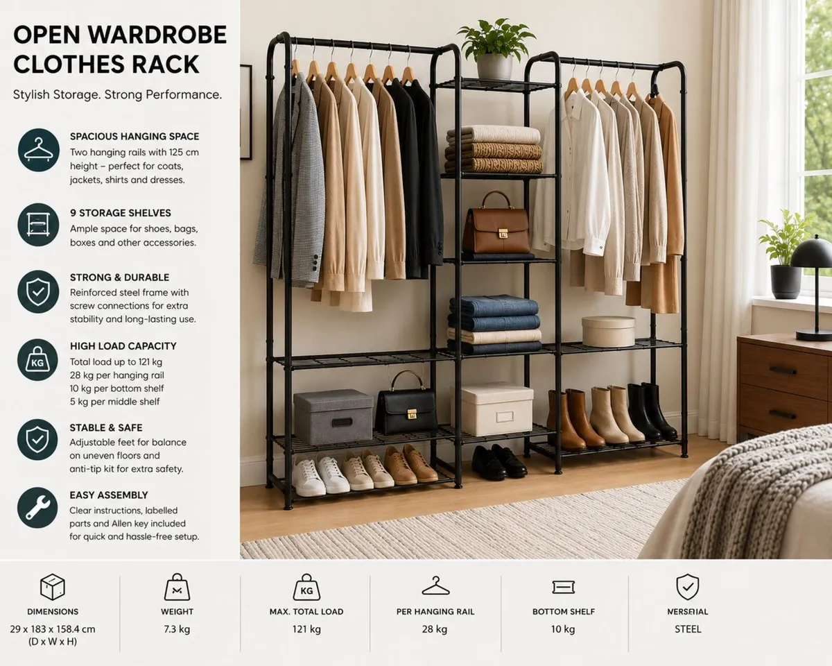 Industrial Open Wardrobe Rail with Drawers Black S - Image 1