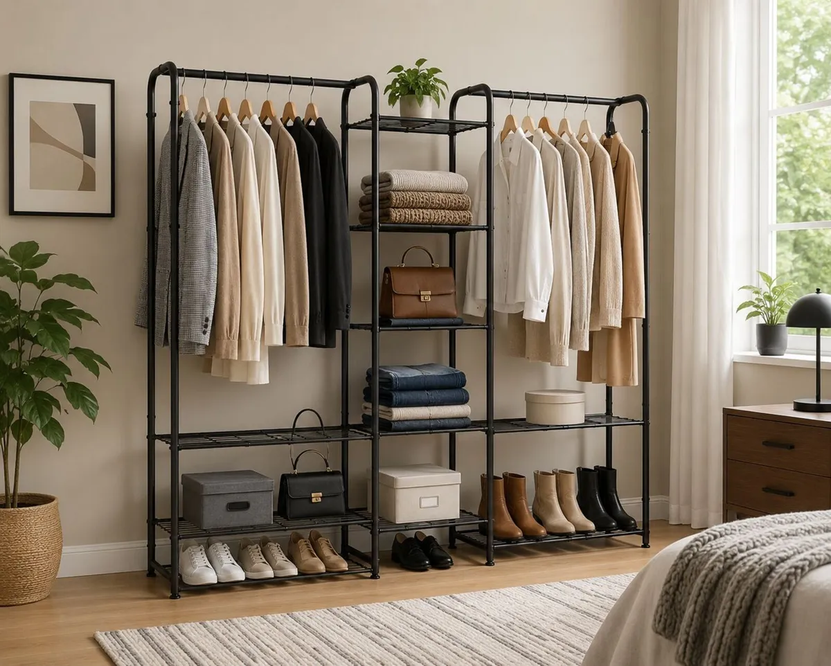 Industrial Open Wardrobe Rail with Drawers Black S - Image 2
