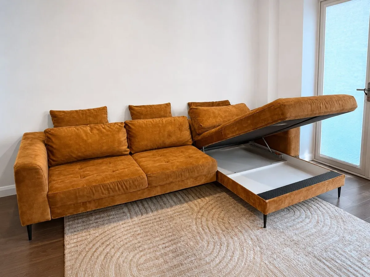 Mustard Velvet Corner Sofa Bed with Chaise - Image 2