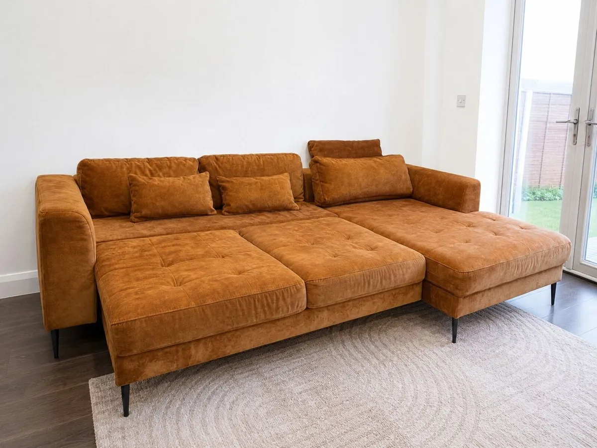 Mustard Velvet Corner Sofa Bed with Chaise - Image 3