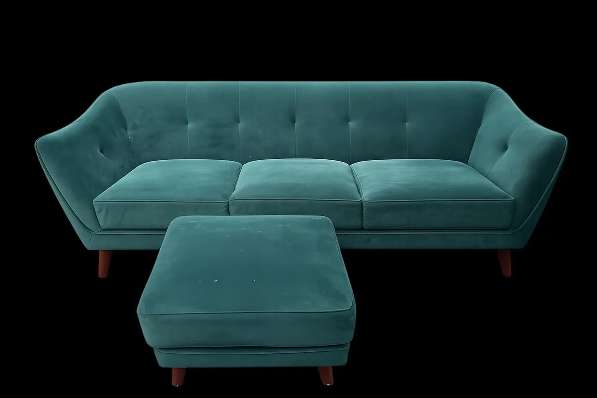 Stylish Green Velvet 3-Seater Sofa & Footstool - Image 1