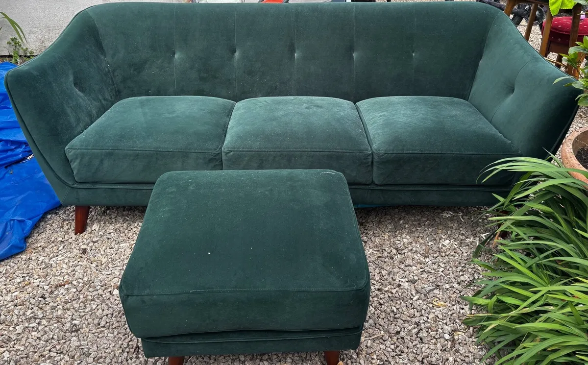 Stylish Green Velvet 3-Seater Sofa & Footstool - Image 2