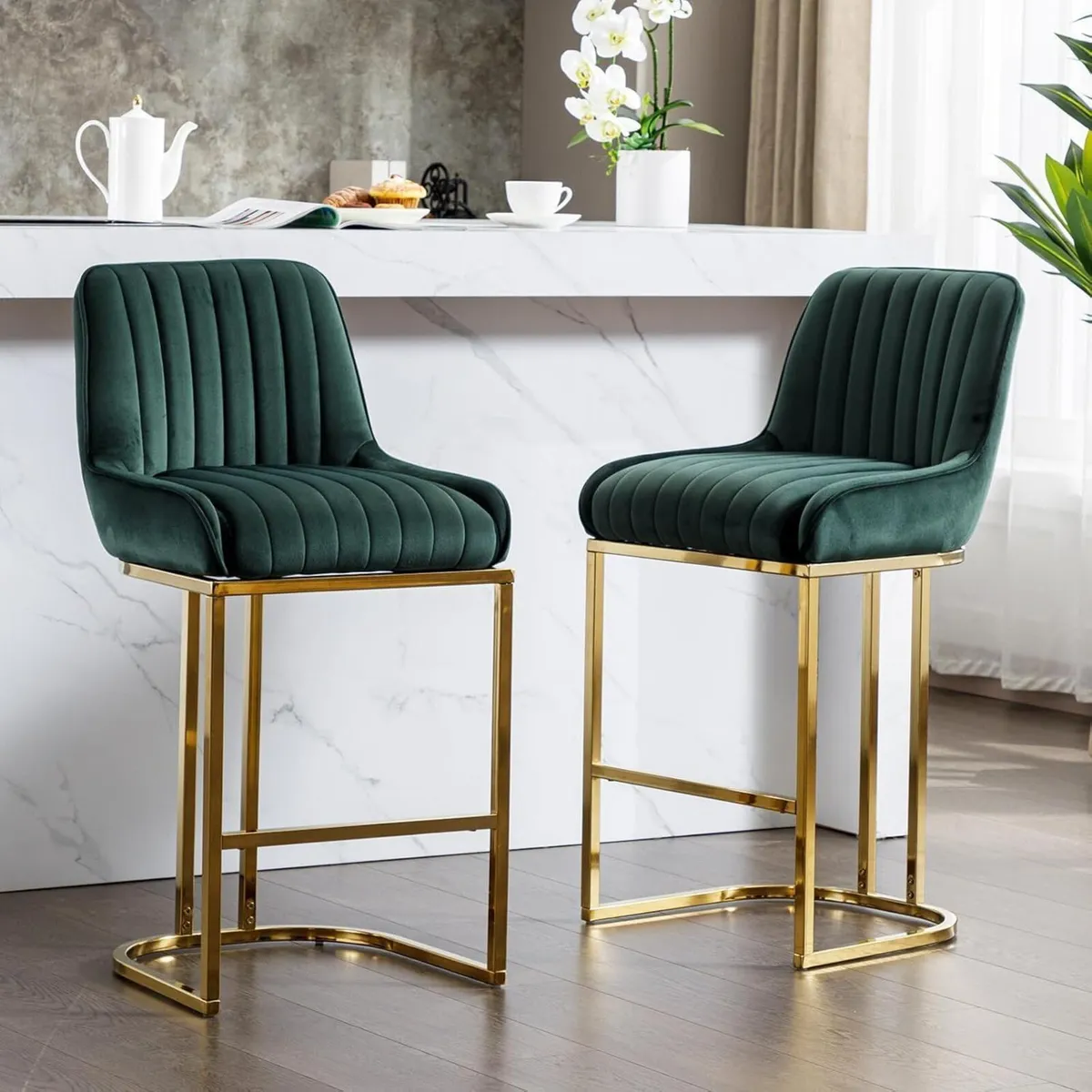 Set of 2 Velvet Bar Stools with Backrest - Image 1