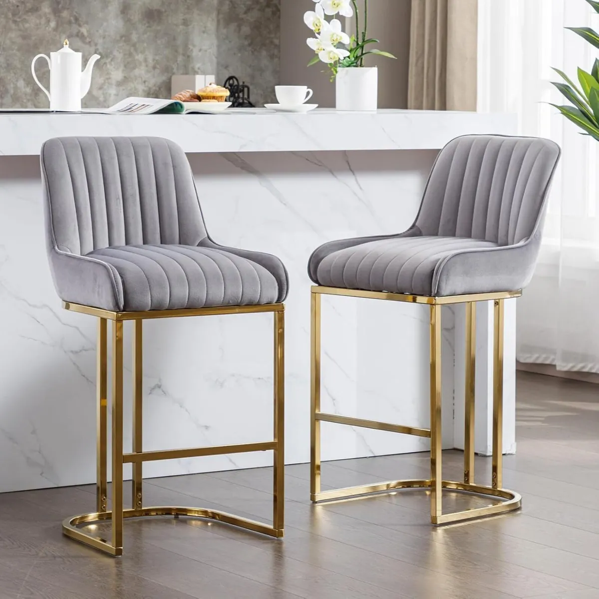 Set of 2 Velvet Bar Stools with Backrest - Image 2