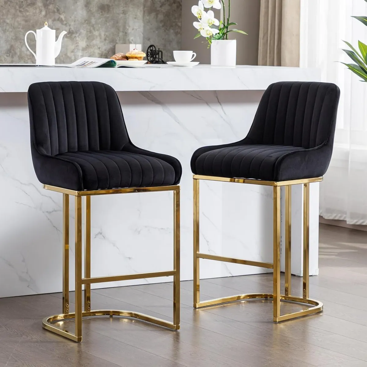 Set of 2 Velvet Bar Stools with Backrest - Image 3