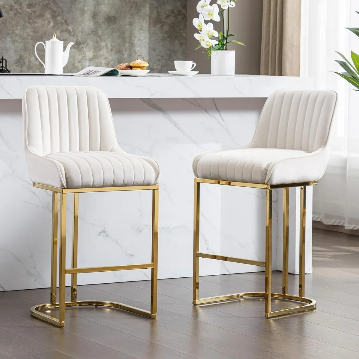 Set of 2 Velvet Bar Stools with Backrest - Image 4