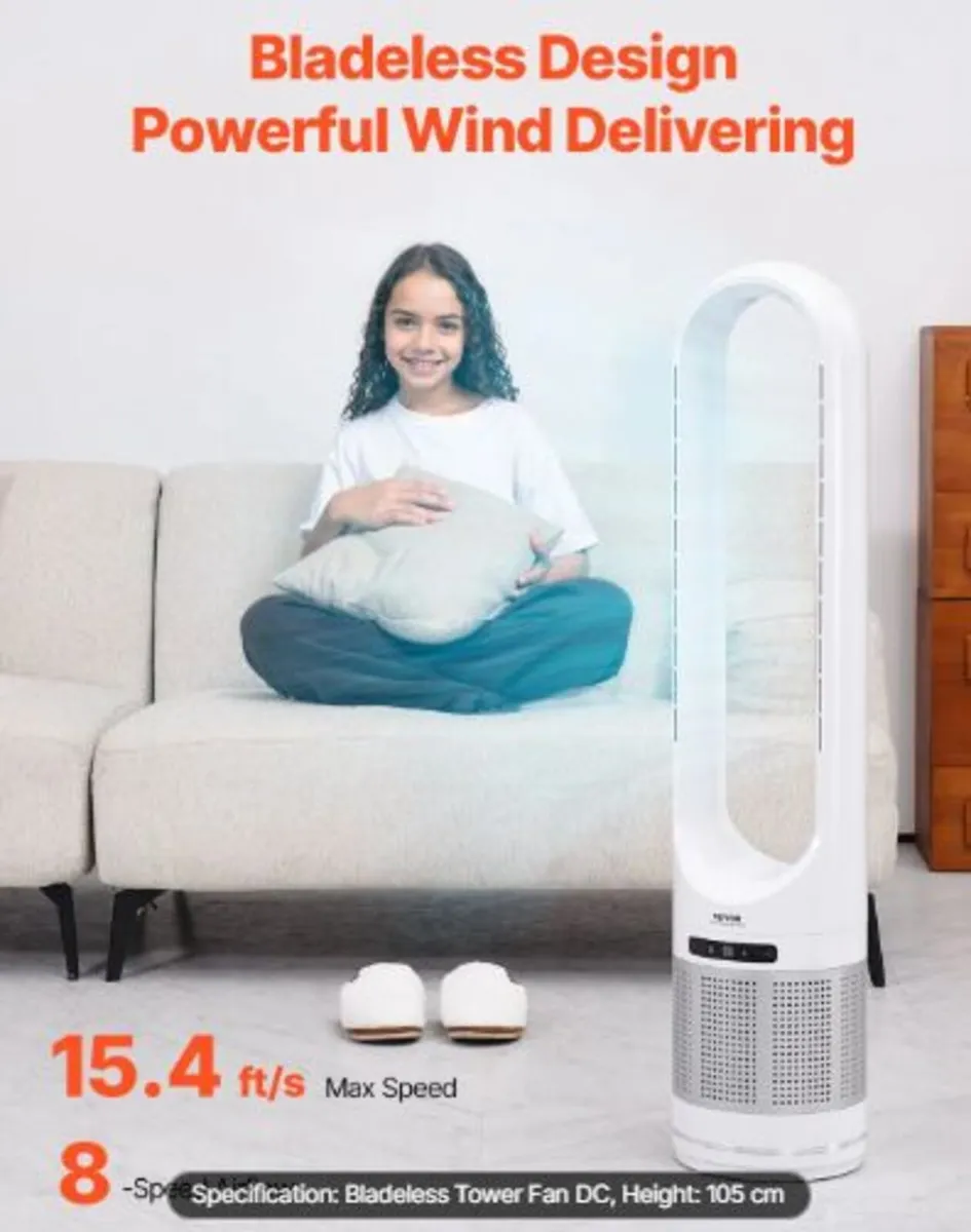 Tower Fan Bladeless, 15.4ft/s Velocity Floor Fan - Image 2