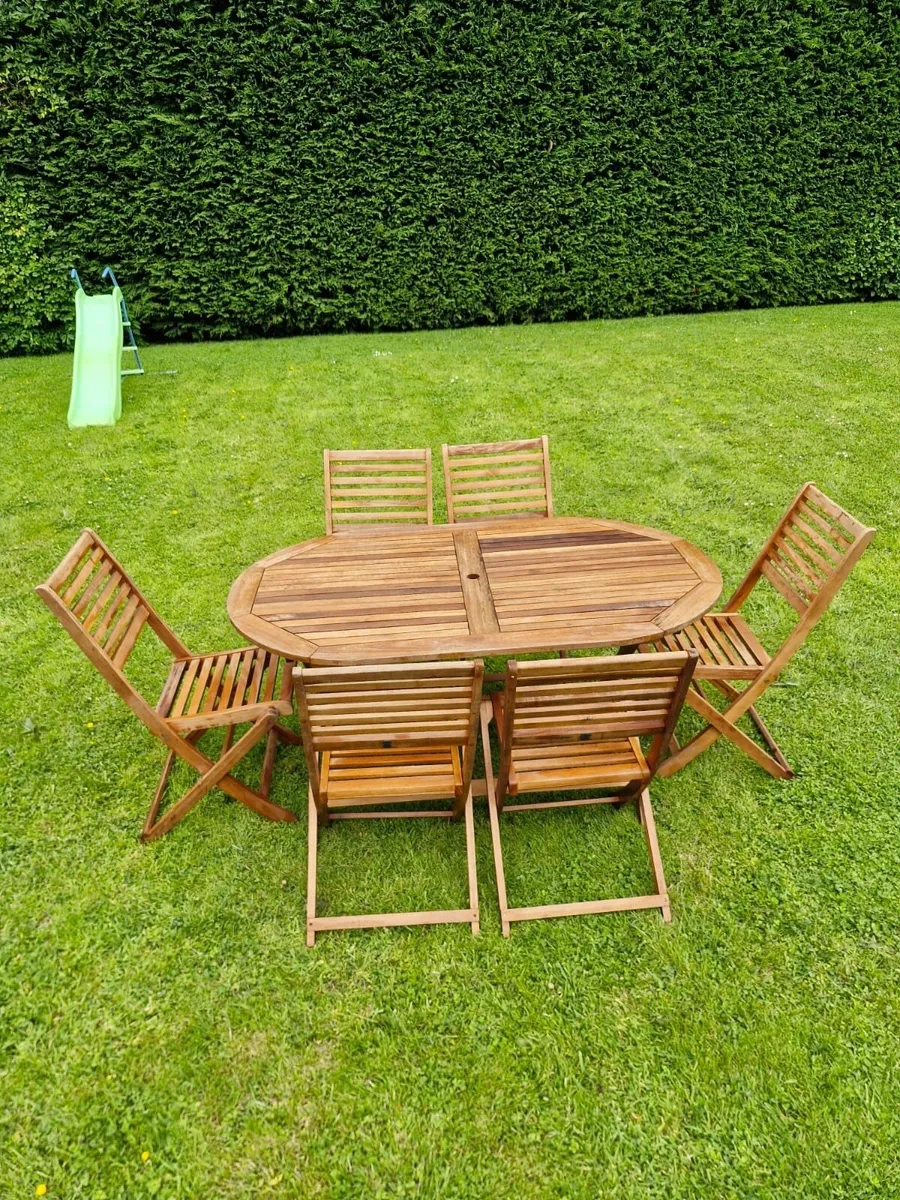 Wooden Garden Table and Six Chairs - Image 1