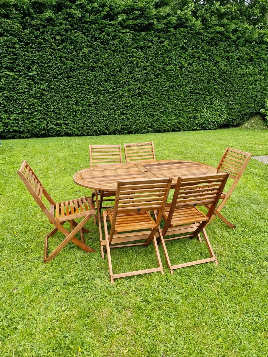 Wooden Garden Table and Six Chairs - Image 4