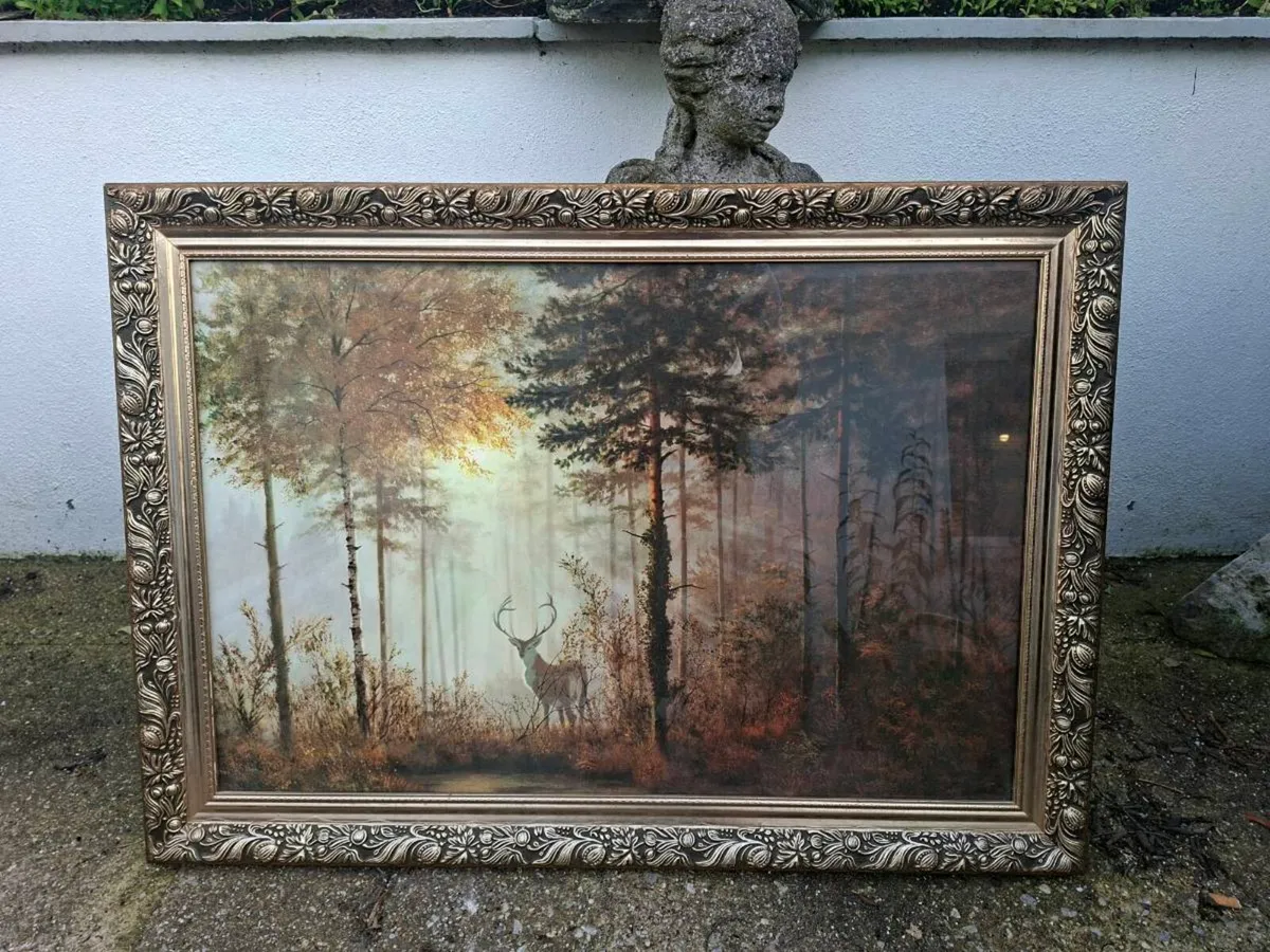 Stunning Gold Gilt framed Art print Deer in Forest - Image 1