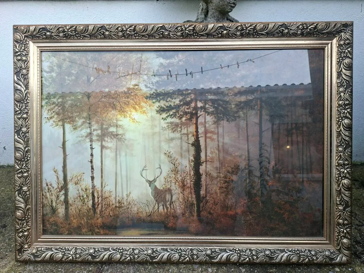 Stunning Gold Gilt framed Art print Deer in Forest - Image 2