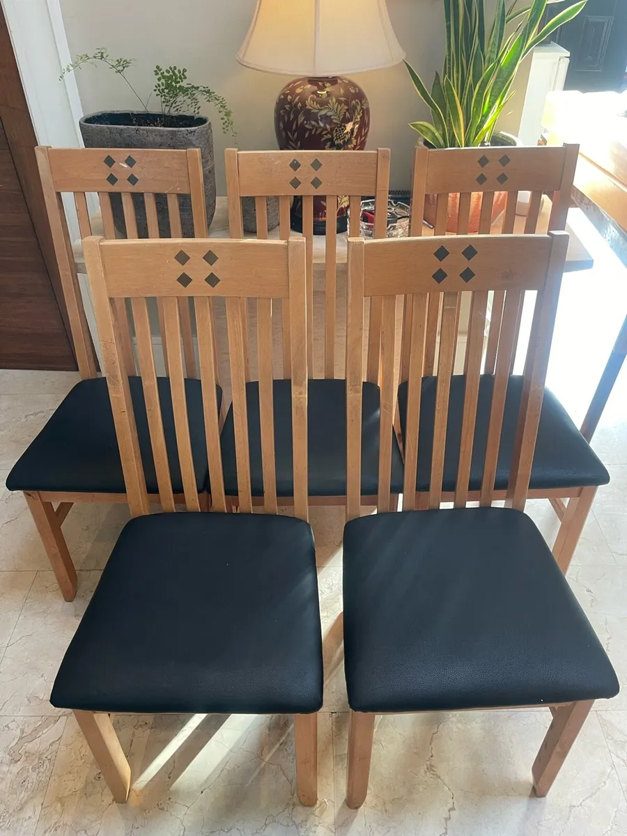 5 x Black Leather & Wooden Kitchen Dining Chairs - Image 1