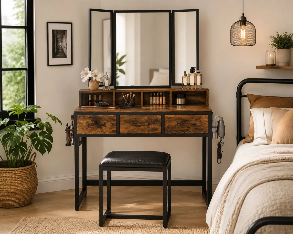 Dressing table and stool with 3-piece folding mirr - Image 2