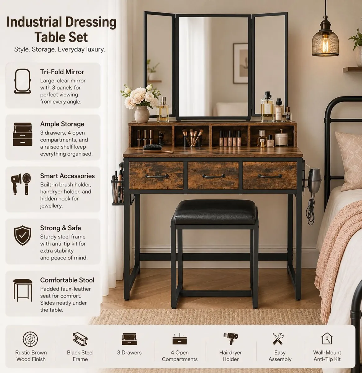 Dressing table and stool with 3-piece folding mirr - Image 1