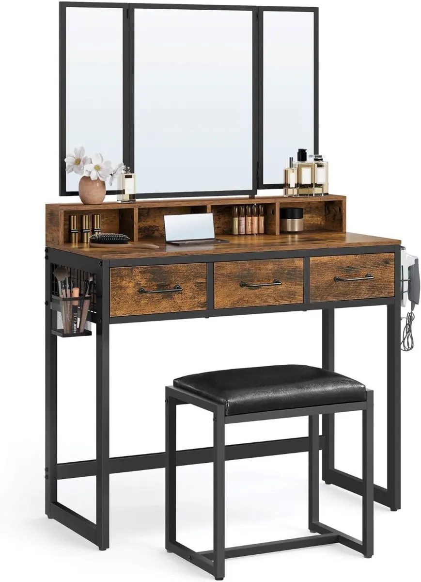 Dressing table and stool with 3-piece folding mirr - Image 3