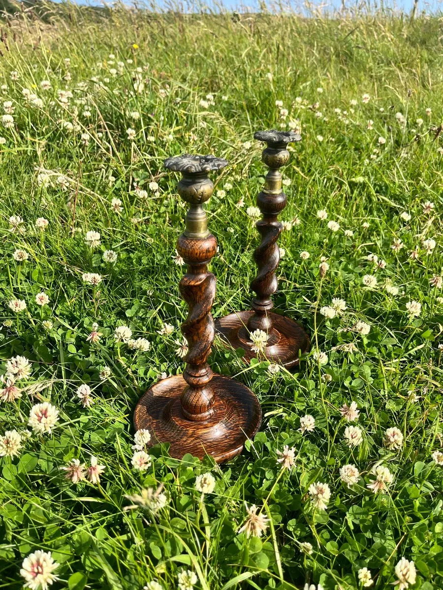 Antique English Oak Candlesticks - Image 2