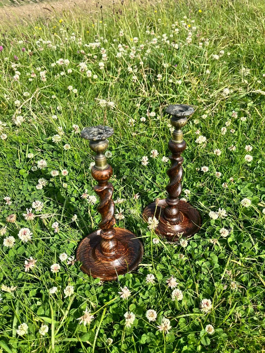 Antique English Oak Candlesticks - Image 1