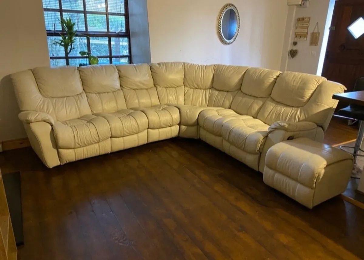 Cream Leather Corner Sofa - Image 1