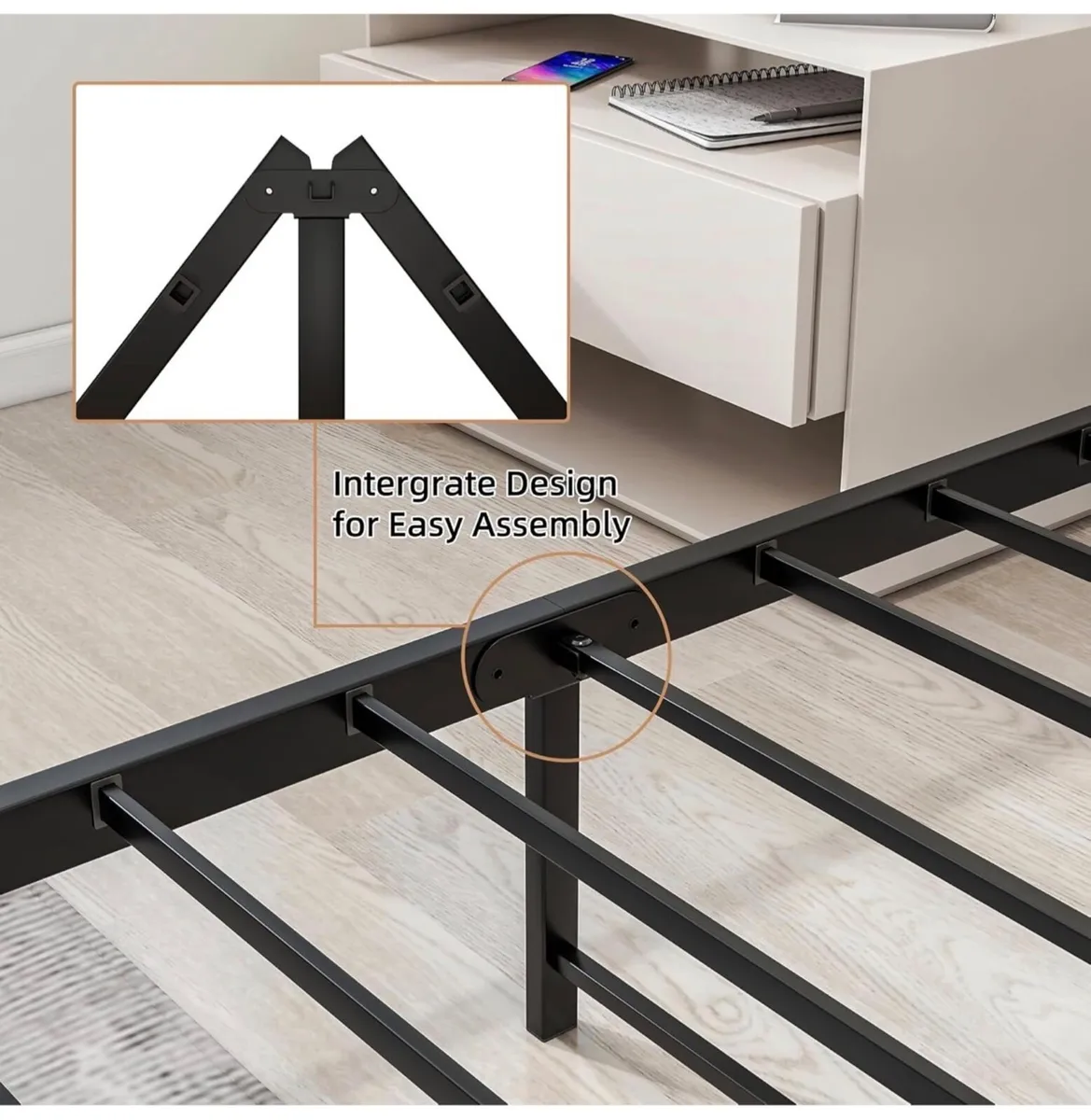 4ft6 Double Bed Frame with Wooden Headboard,Heavy - Image 4
