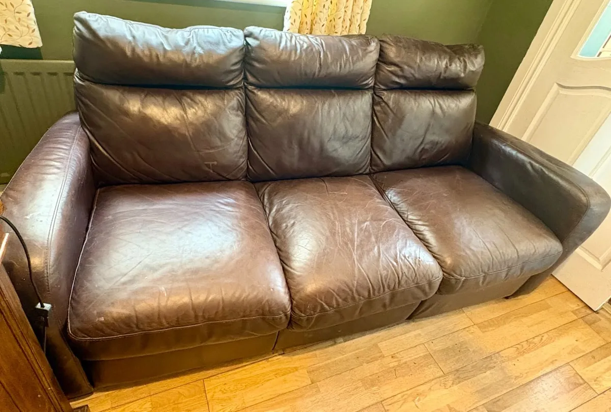 Leather 3 seater couch & matching Pouffe - Image 3