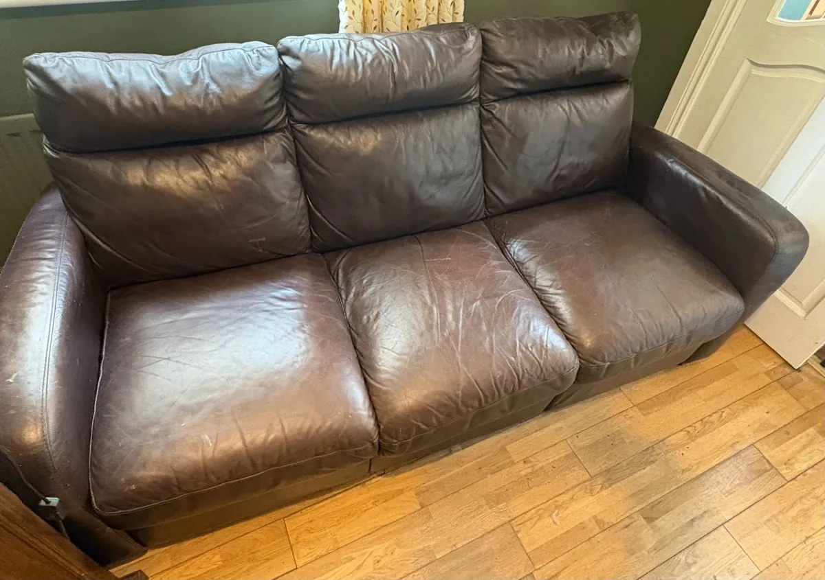 Leather 3 seater couch & matching Pouffe - Image 1