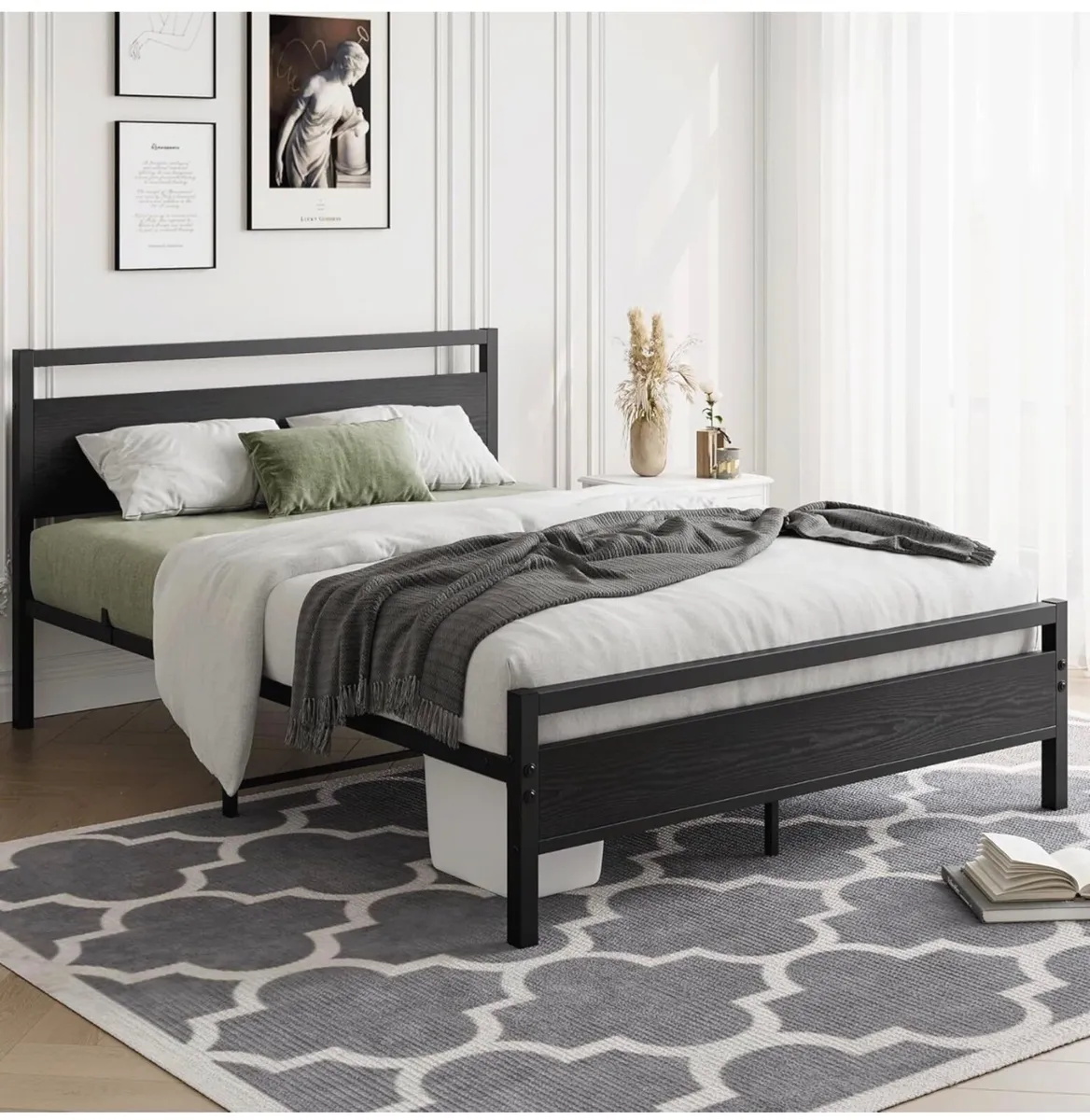 4ft6 Double Bed Frame with Wooden Headboard,Heavy - Image 1