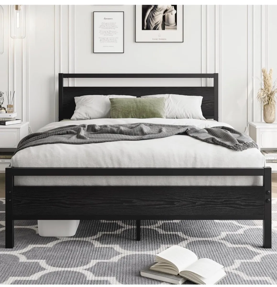 4ft6 Double Bed Frame with Wooden Headboard,Heavy - Image 3