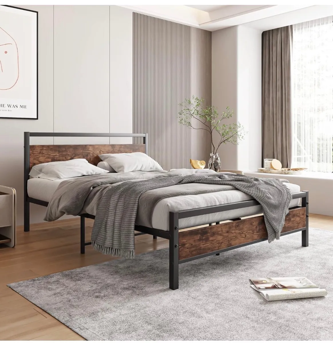 4ft6 Double Bed Frame with Wooden Headboard,Heavy - Image 1