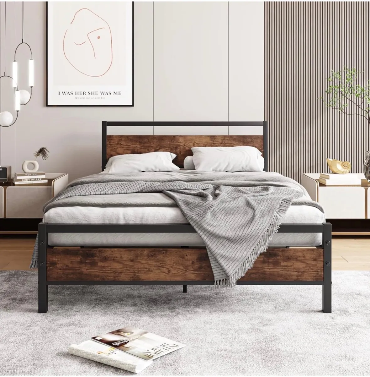 4ft6 Double Bed Frame with Wooden Headboard,Heavy - Image 3