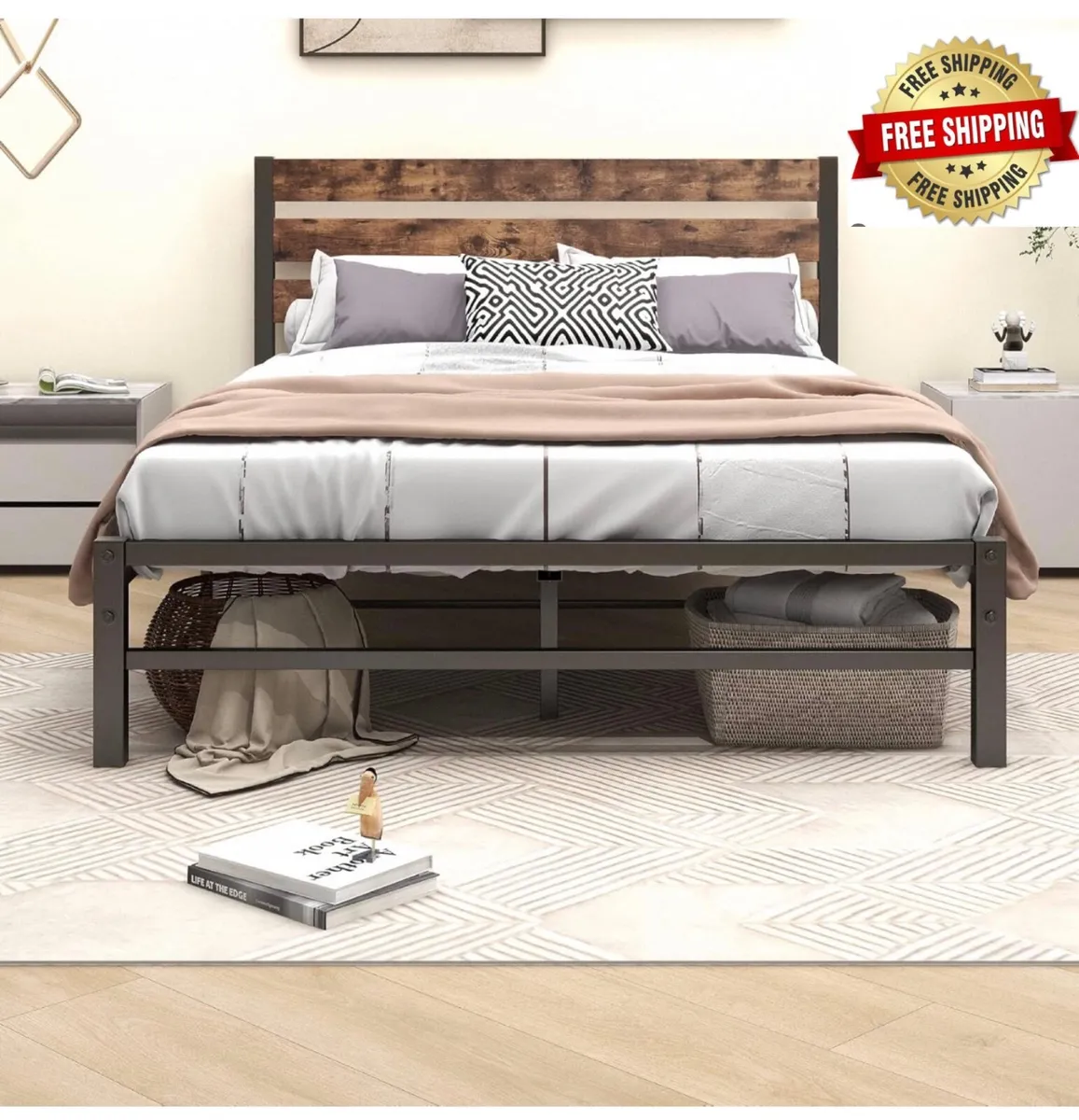 Double Bed Frame with Rustic Wood Headboard and Fo - Image 1