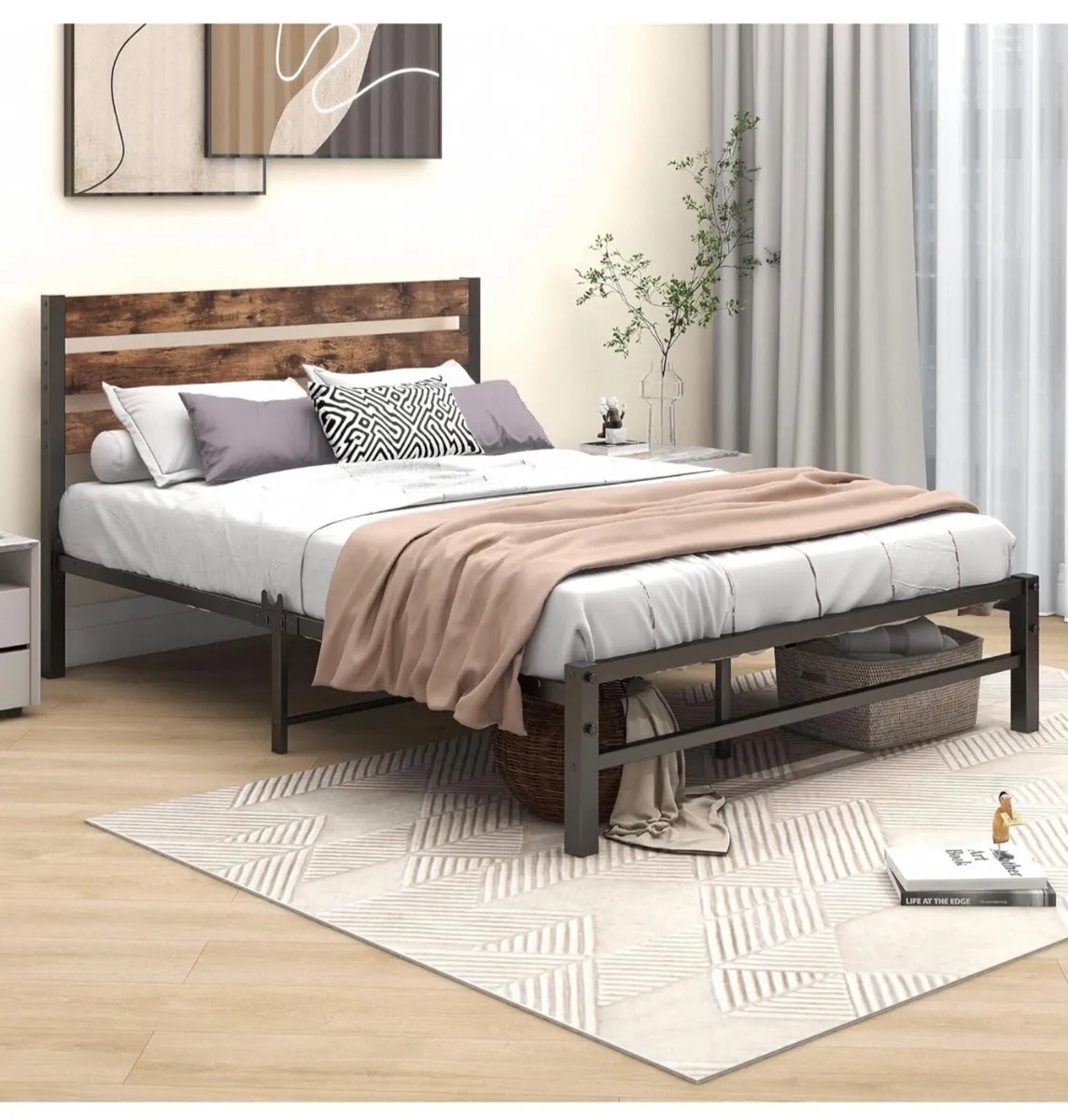 Double Bed Frame with Rustic Wood Headboard and Fo - Image 1