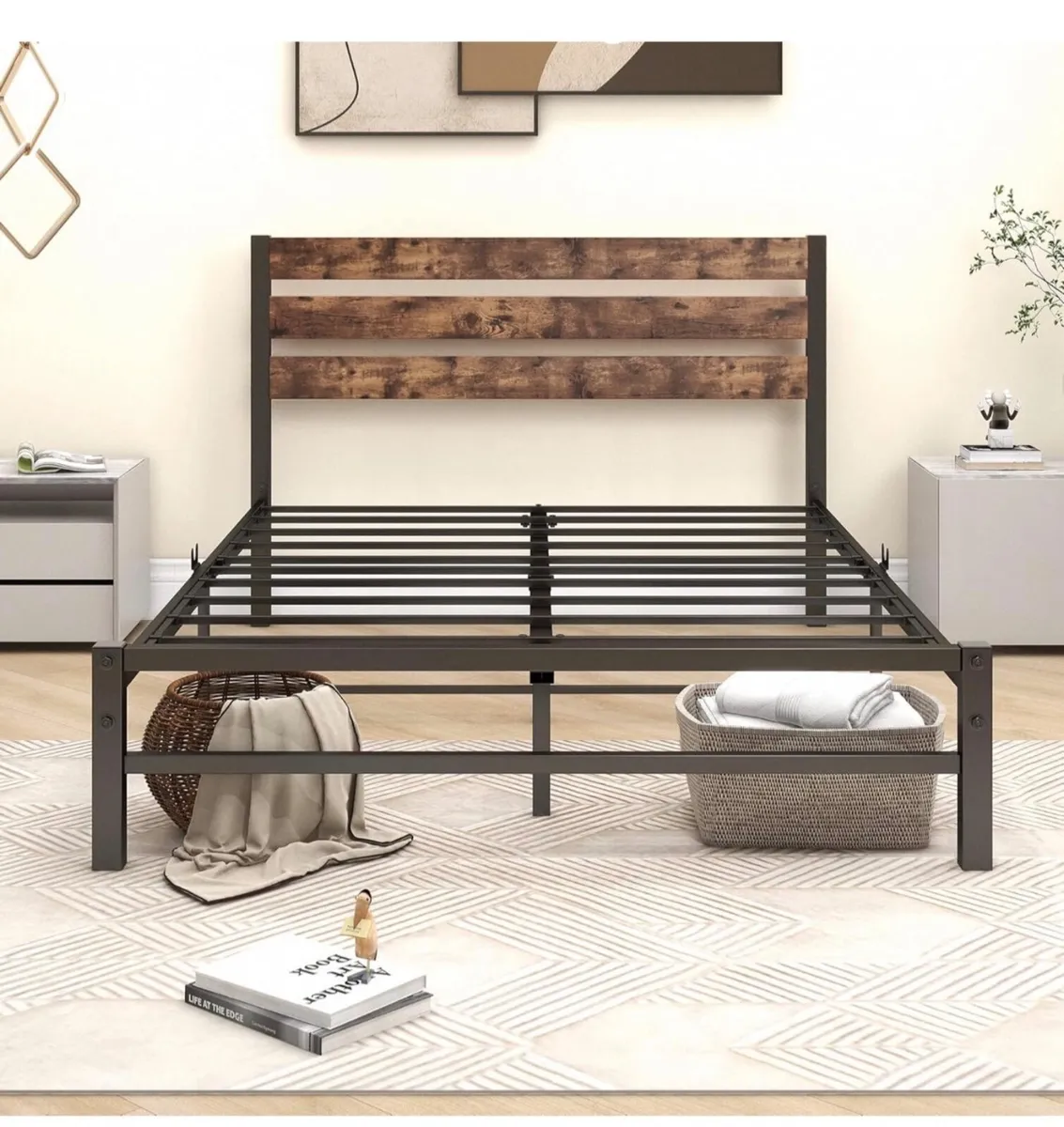Double Bed Frame with Rustic Wood Headboard and Fo - Image 2