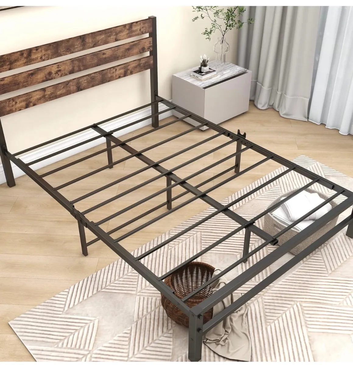 Double Bed Frame with Rustic Wood Headboard and Fo - Image 4